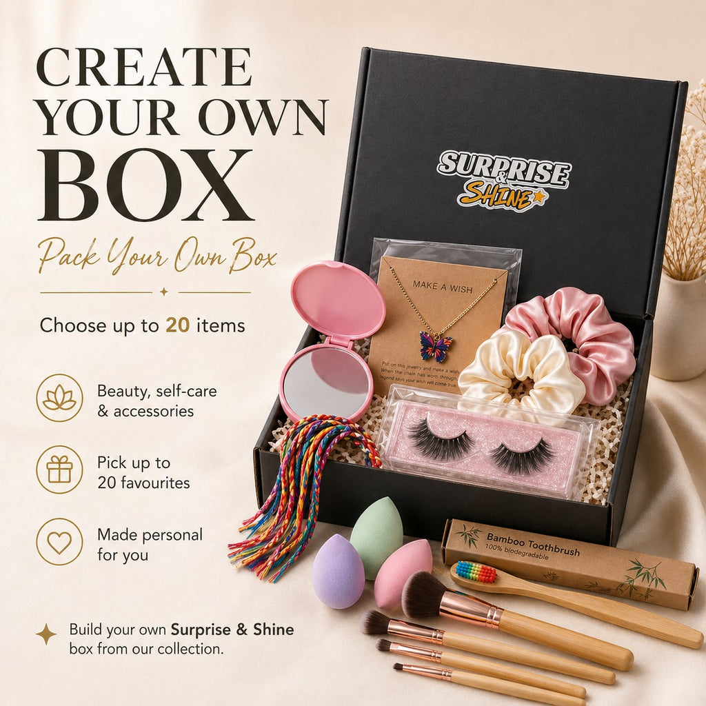Surprise & Shine create your own box with beauty, self-care, and accessory items like false lashes, scrunchies, makeup brushes, and a butterfly necklace.