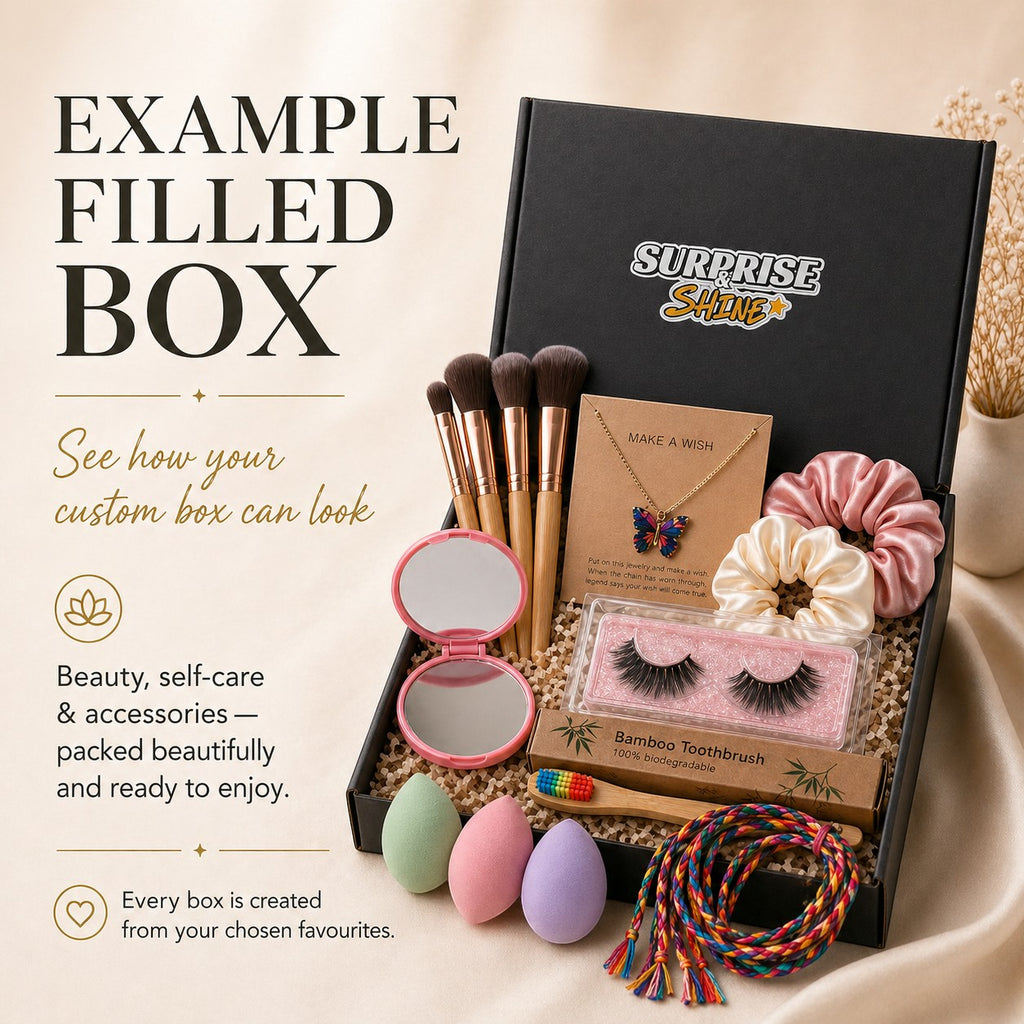 Surprise & Shine custom gift box filled with makeup brushes, mirror, makeup sponges, false lashes, butterfly necklace, scrunchies, and a bamboo toothbrush.