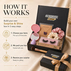 Surprise & Shine customizable gift box with butterfly necklace, scrunchies, false lashes, makeup sponge, mirror, and brush.