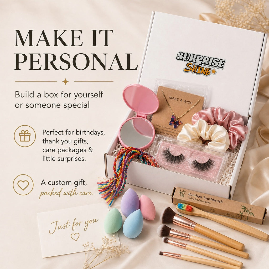 Surprise & Shine customizable gift box with makeup sponges, false lashes, scrunchies, necklace, mirror, toothbrush, and makeup brushes.