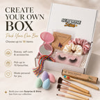 Surprise & Shine customizable gift box with makeup brushes, false lashes, scrunchies, butterfly necklace, makeup sponges, and a compact mirror.