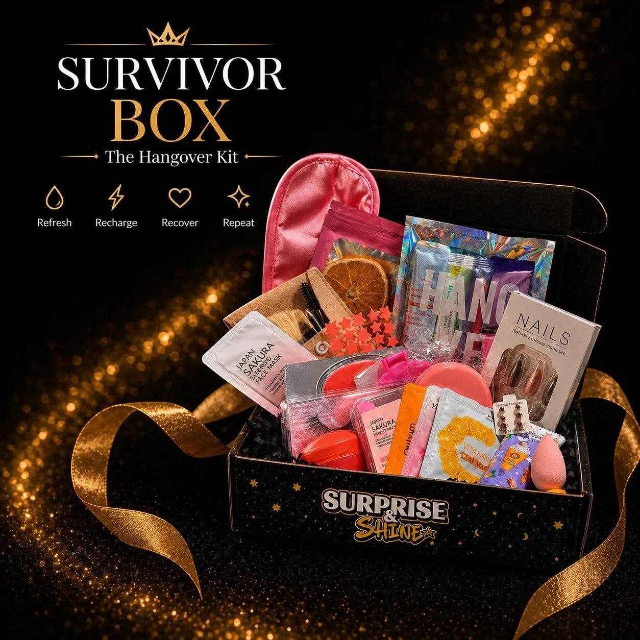 Surprise & Shine Survivor Box hangover kit with face masks, false lashes, nail kit, sleep mask, and orange slices.