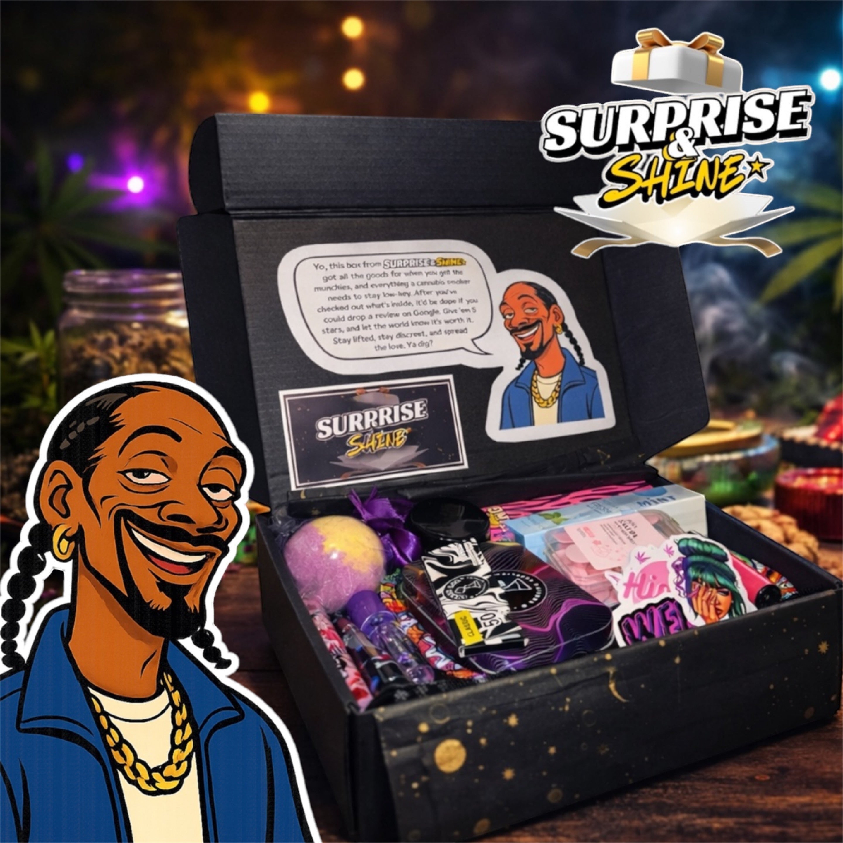 Surprise & Shine Lifestyle Box with Snoop Dogg graphic, containing rolling papers, cones, lighter, bath bomb, and stickers.