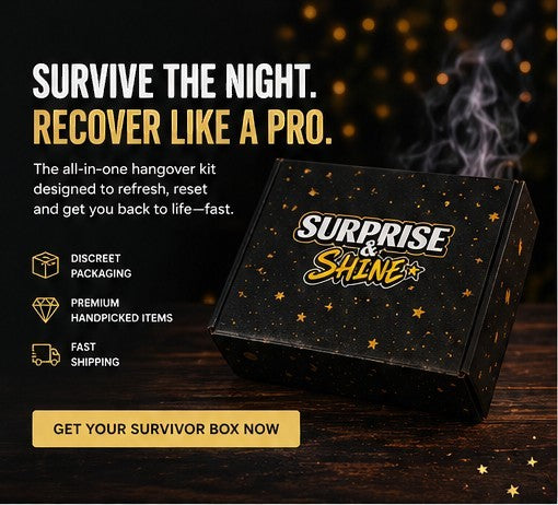 Surprise & Shine SURVIVOR BOX hangover kit with discreet packaging, premium handpicked items, and fast shipping.